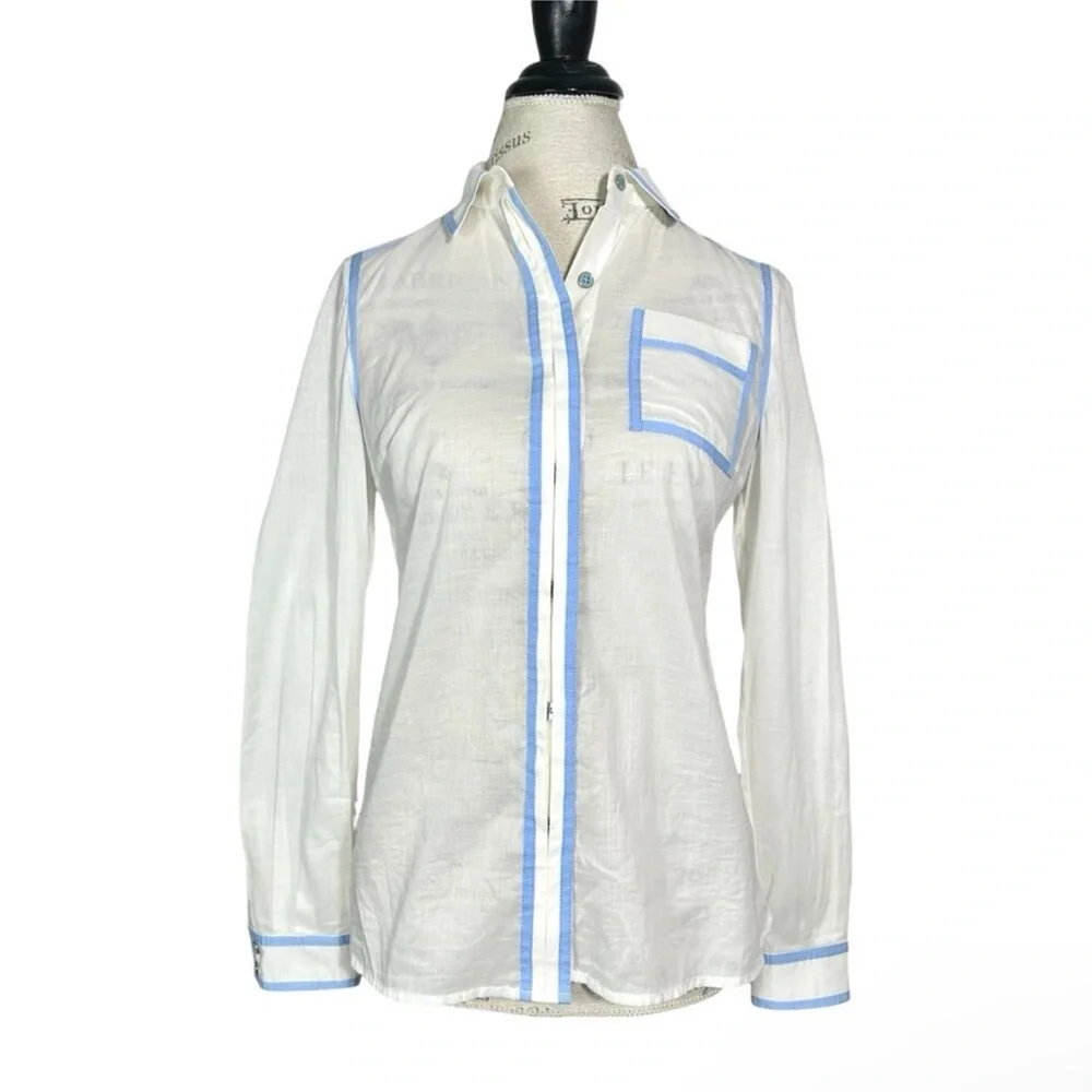 RARE! LIKE NEW Tory Burch Contrast-Piping Button-Down Blouse, Cream & Blue, 6